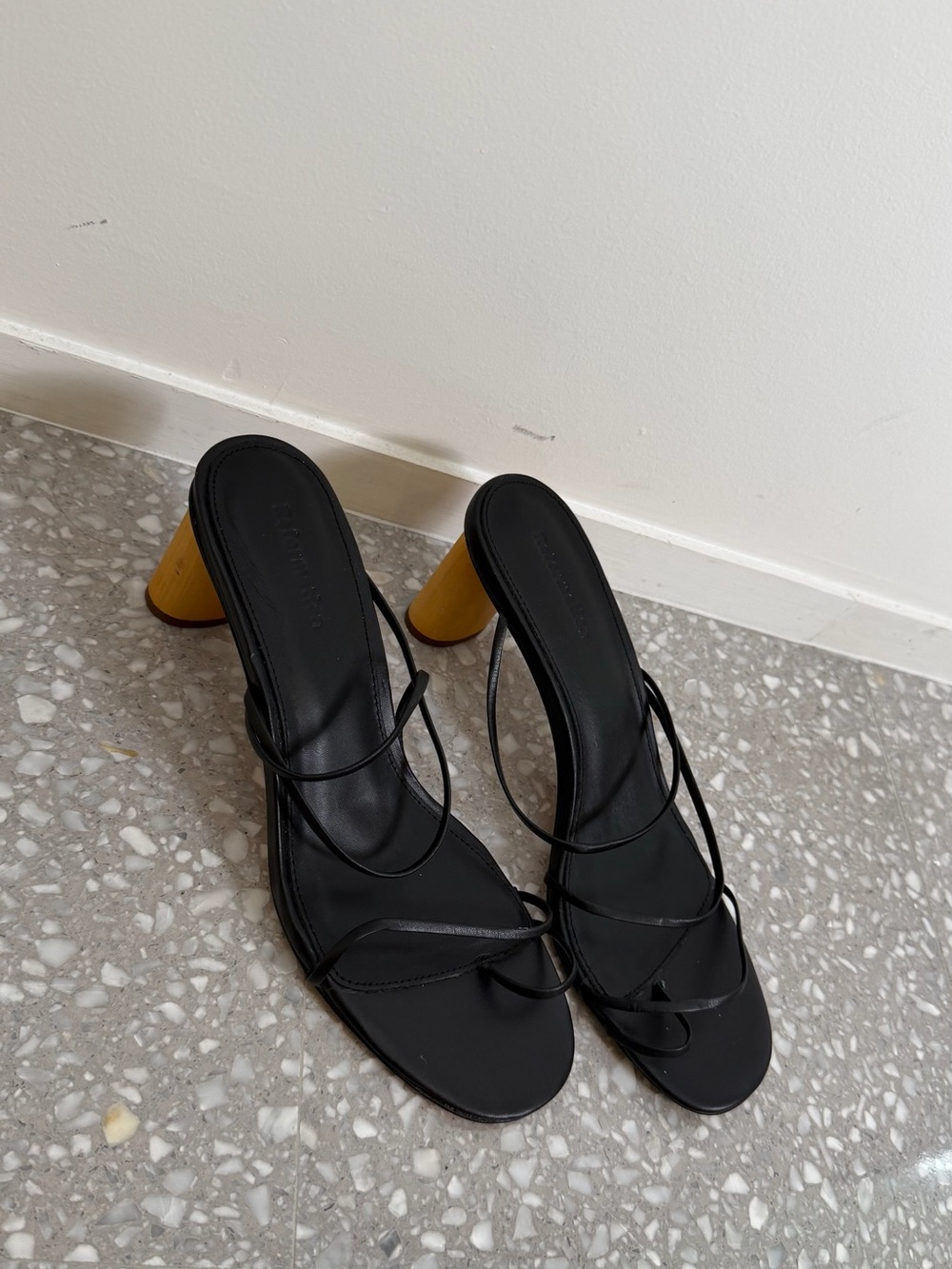 Reformation Black Strappy Sandals with Yellow Block Heel
